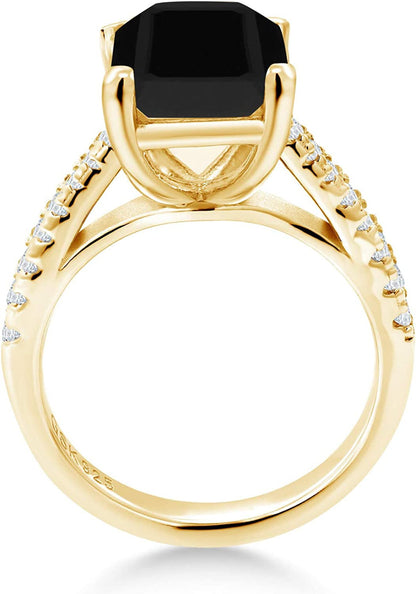 Black Onyx White Created Sapphire 18K Yellow Gold Plated Silver Ring (3.39 Cttw,