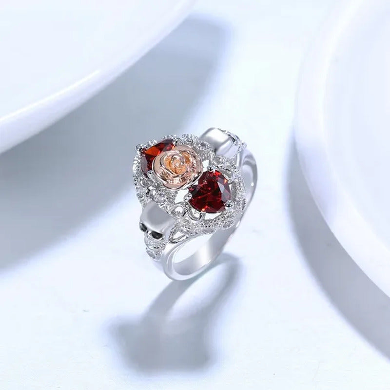 Rose Skull Ring Heart-Shaped Red Zircon Punk Ring Fashion Jewelry