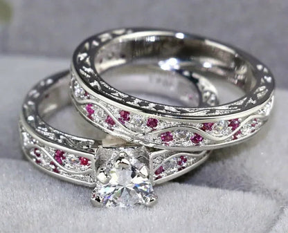 Heart 1Ct CZ Ruby 10KT White Gold Filled Claddagh Ring Sets Women'S Wedding Ring