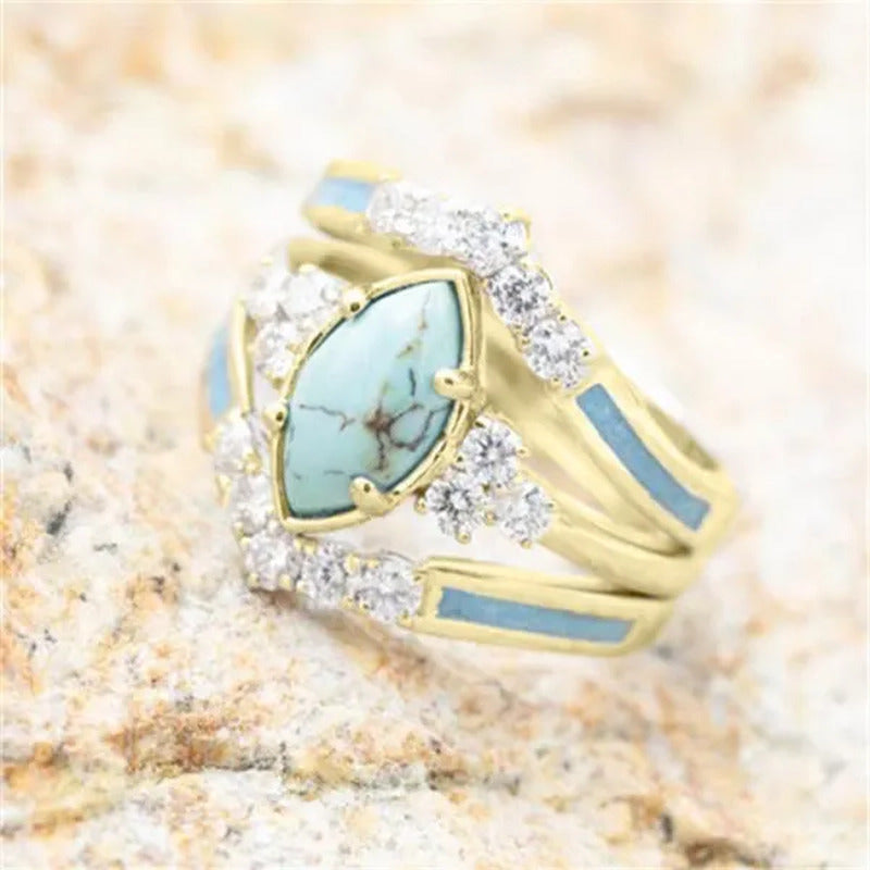 3 Pieces/Set Womens Gold Plated Multilayer Hollow Turquoise Rings with Delicate
