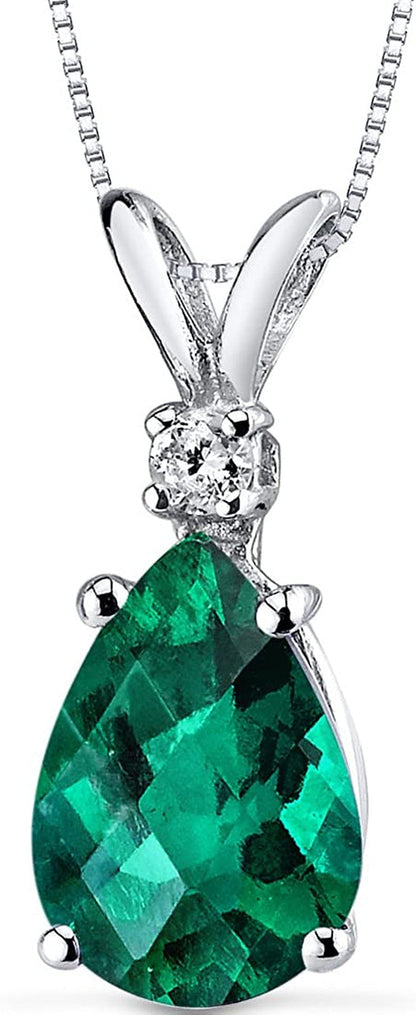 Created Emerald with Genuine Diamond Pendant for Women 14K White Gold, Elegant T