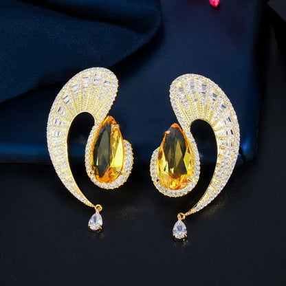 CANDICE Gorgeous 18K Gold Plated Inlay Pear Cut Citrine Stone Big Geometric Stud