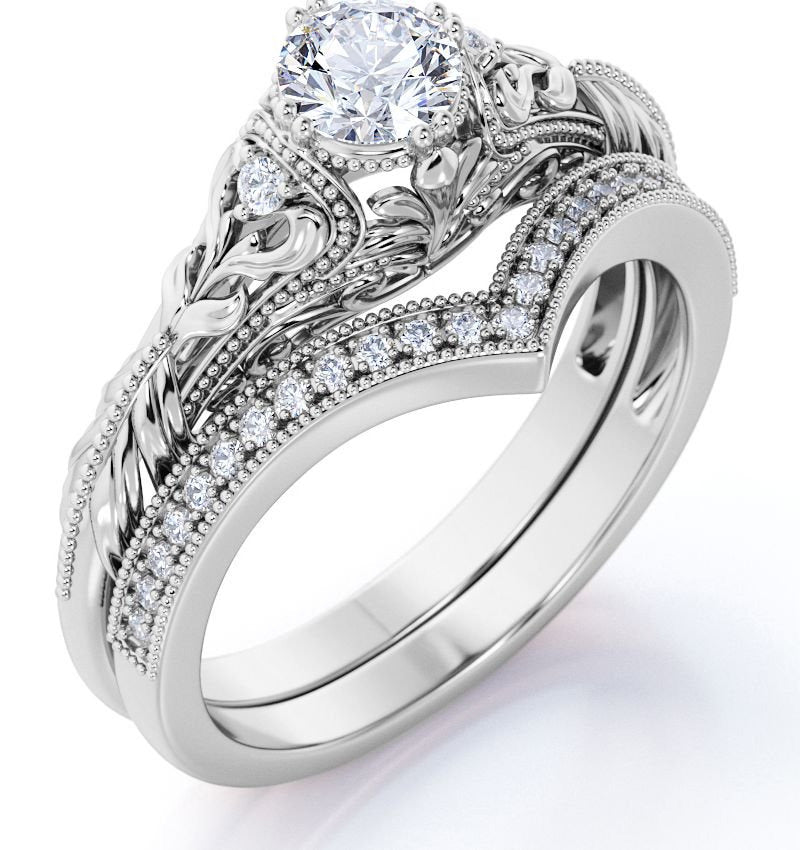 Engraved .68 Carat round Cut Real Diamond Victorian-Inspired Wedding Ring Set wi