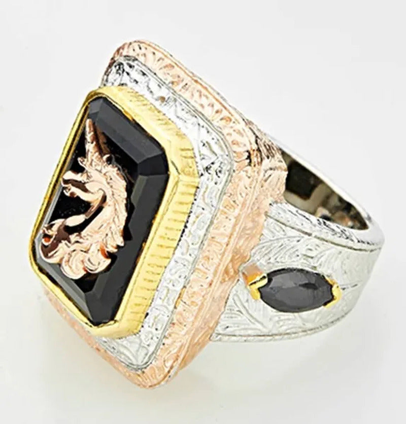 925 Standard Silver New Arrival Fashion Women Men Black Stone Big Rings Rose Gol