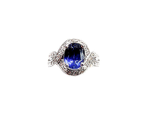 3.44 CT 1 OVAL SAPPHIRE SET WITH ROUND DIAMONDS SWIRL RING 14 K WHITE GOLD RING