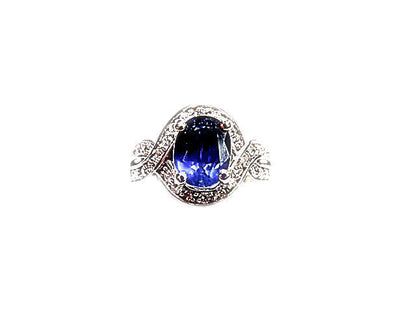 3.44 CT 1 OVAL SAPPHIRE SET WITH ROUND DIAMONDS SWIRL RING 14 K WHITE GOLD RING