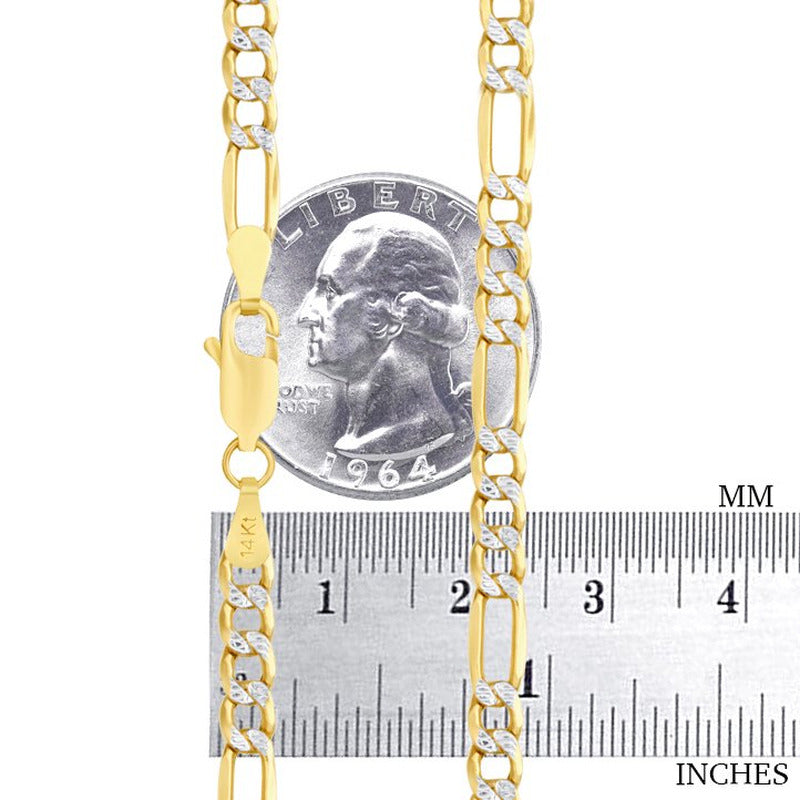 14K Yellow Gold 4.5Mm Figaro Chain Link Diamond Cut Pave Two Tone Bracelet, Mens