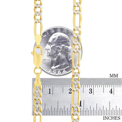 14K Yellow Gold 4.5Mm Figaro Chain Link Diamond Cut Pave Two Tone Bracelet, Mens