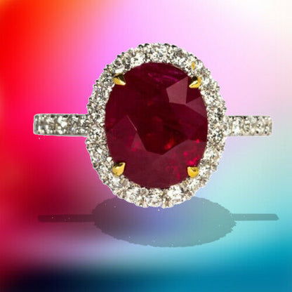 Ruby oval shape 5.02 ct and diamond ring 18 k white gold