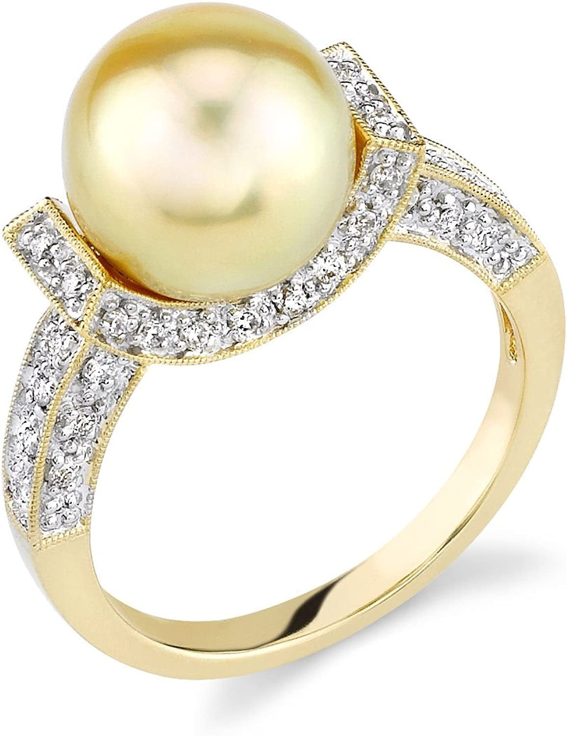 18K Gold 10-11Mm round Genuine Golden South Sea Cultured Pearl & Diamond Sparkli
