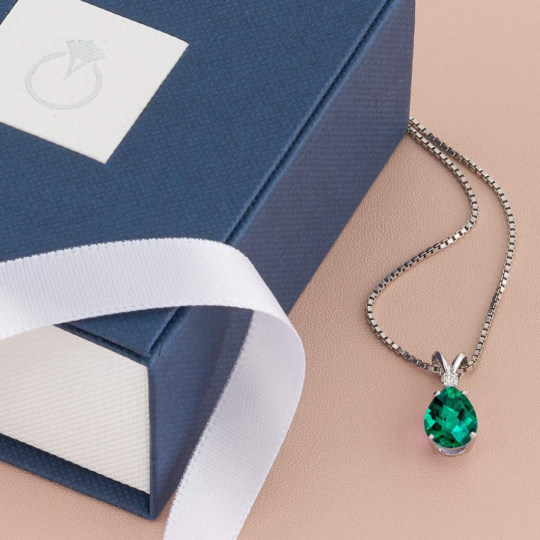 Created Emerald with Genuine Diamond Pendant for Women 14K White Gold, Elegant T