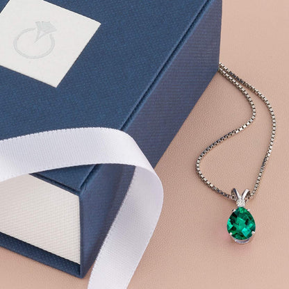 Created Emerald with Genuine Diamond Pendant for Women 14K White Gold, Elegant T