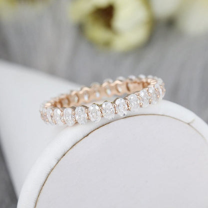Solid 14K Rose Gold Oval Cut Moissanite Engagement Ring Vintage Full Eternity