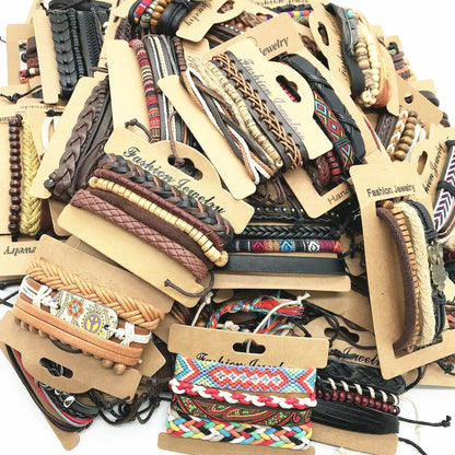Wholesale 50Sets/Lot Wrap Leather Wood Beads Charm Adjustable Men'S Bracelets