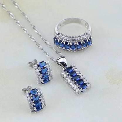 Blue Sapphire White Topaz 925 Silver Jewelry Sets for Women Earrings Pendant Nec