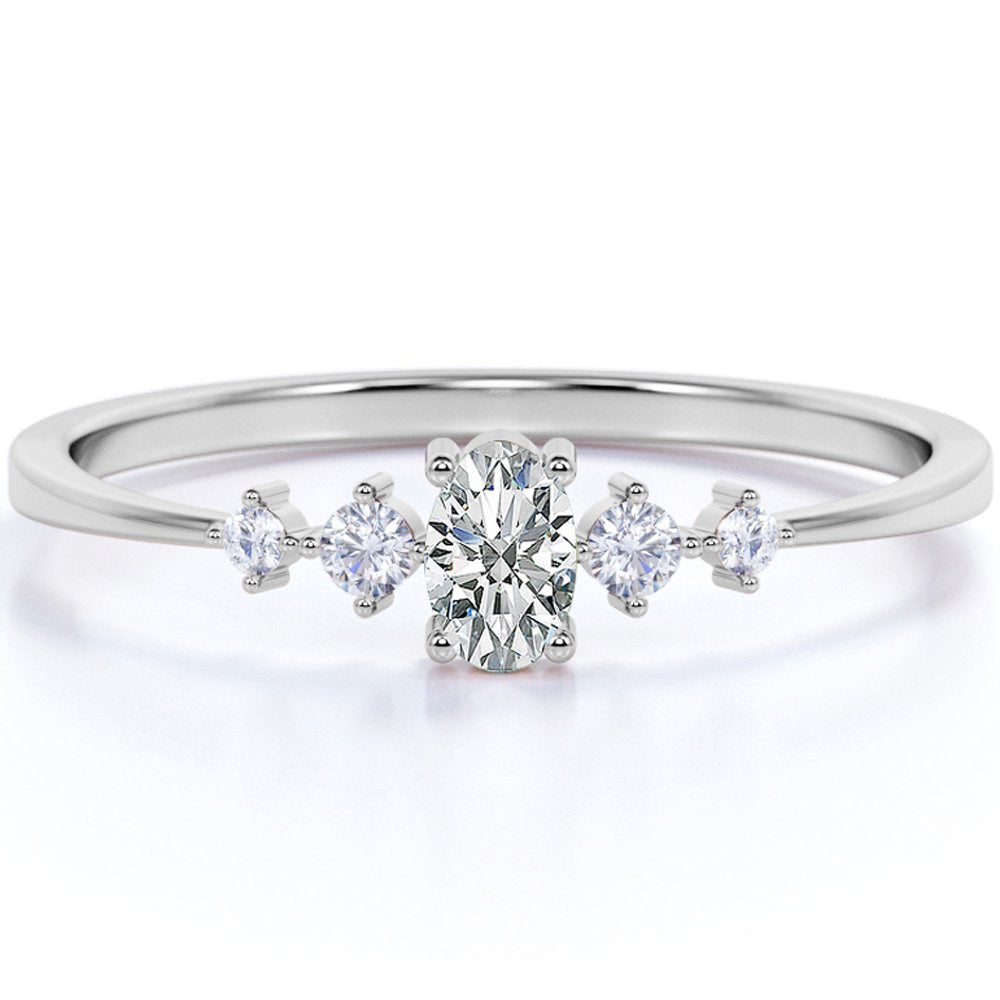 Oval Cut Moissanite and 4 Stone Diamond Fashion Dainty Ring in 10K White Gold