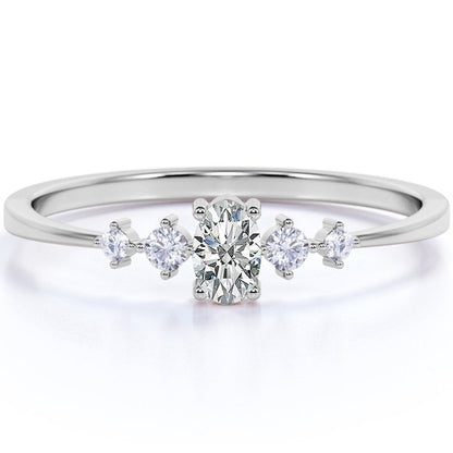 Oval Cut Moissanite and 4 Stone Diamond Fashion Dainty Ring in 10K White Gold