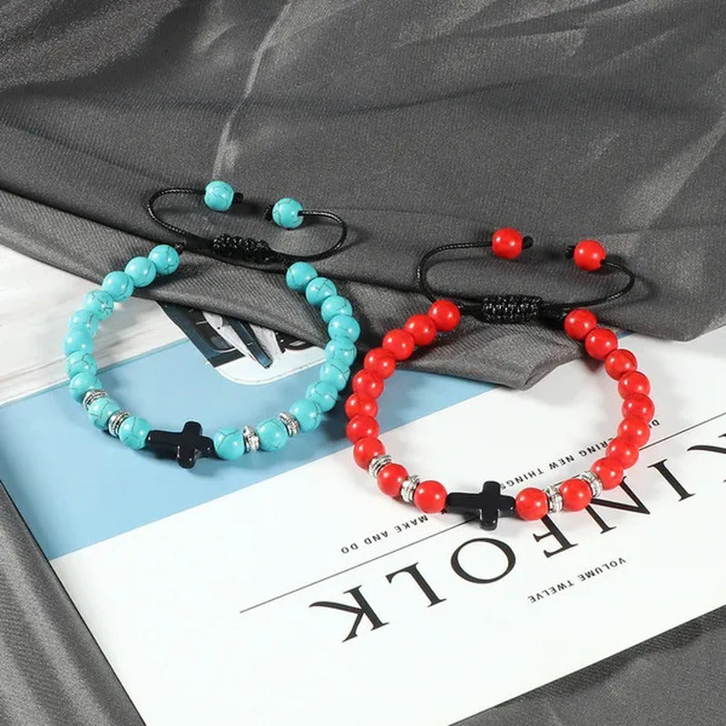 Handmade Natural Stone Wooden Beaded Bracelet Christian Jesus Cross Braided Brac