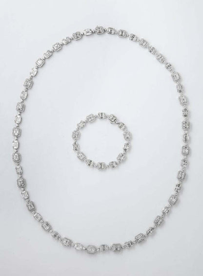 Emerald Cut Long Diamond Illusion Set Necklace and Bracelet Set