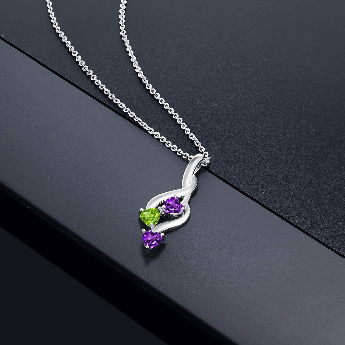 925 Sterling Silver Purple Amethyst and Green Peridot Pendant Necklace for Women