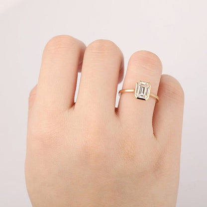 Solid 14K 585 Yellow Emerald Cut 2Ct 6*8MM Moissanite Engagement Ring for Women