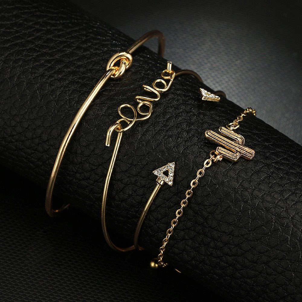 4PC Knot Love Gold Opening Vintage Beautiful Leaf Arrow Bangle Cuff Bracelets Se