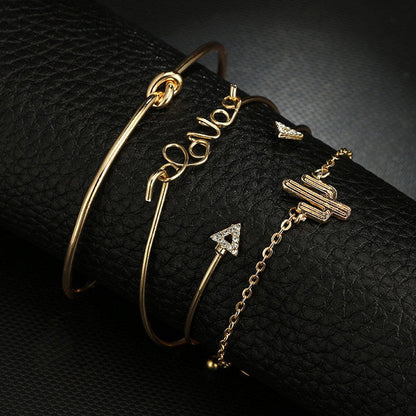 4PC Knot Love Gold Opening Vintage Beautiful Leaf Arrow Bangle Cuff Bracelets Se