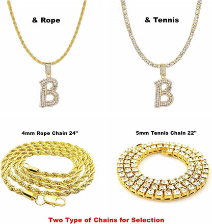 Bling Silver or Gold Baguette Initial Letter Necklaces for Men and Women Iced Ou