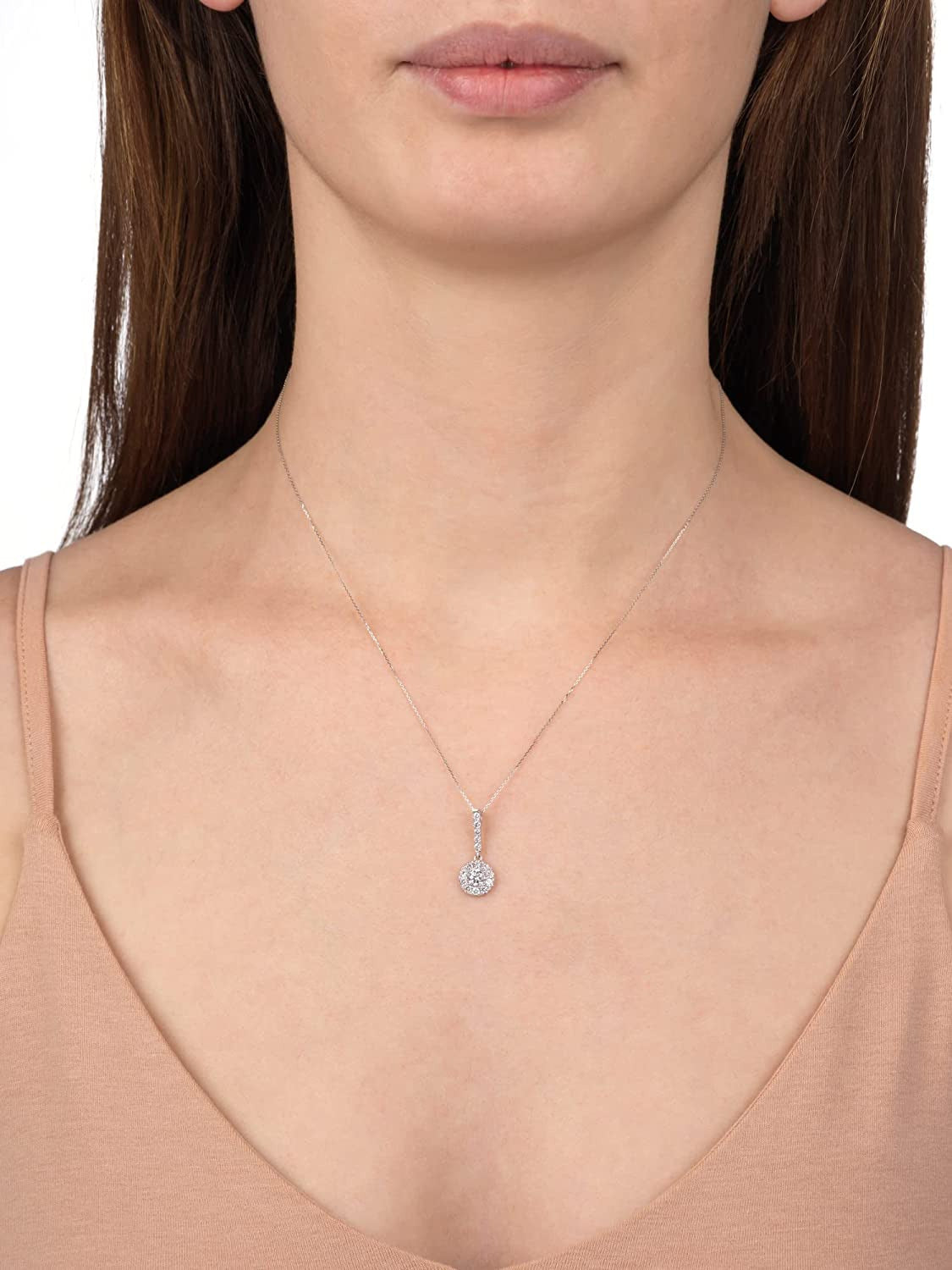 3/4 Ctw GH/SI2-I1 AGS Certified 14K White Gold Natural Diamonds Halo Stick Penda