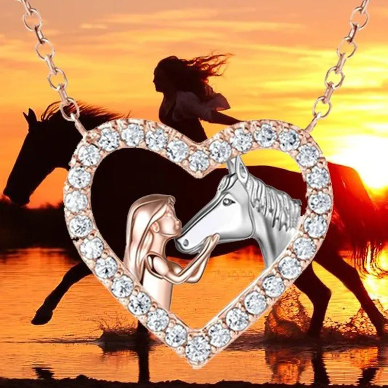 Girl and Horse Necklace for Women Girls Heart Diamond Pendant Necklace Horse Jew