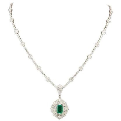 Green Emerald Diamond White Gold Pendant Necklace