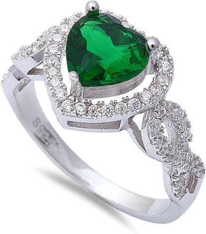 Heart Simulated Green Emerald & Cubic Zirconia .925 Sterling Silver Ring Sizes 5