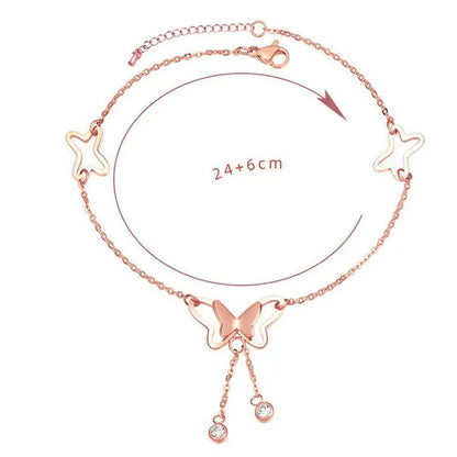 Women Beach Anklet Hollow Butterfly Double Drill Tassel Rose Bracelet Ankle Chai