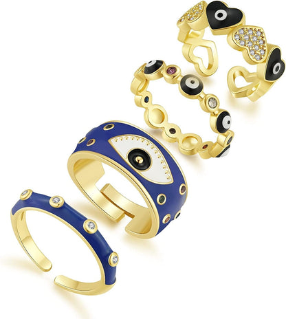 4PCS Evil Eye Ring Set Y2K Colorful Enamel Adjustable Gold Rings for Women Aesth