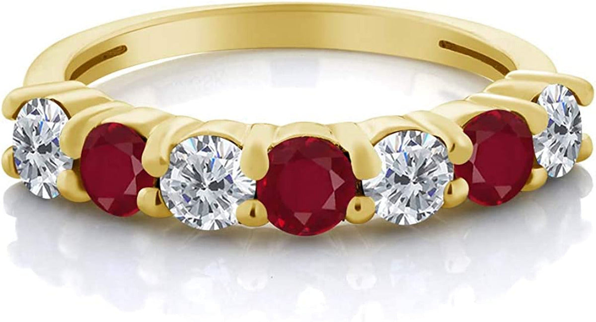 18K Yellow Gold Plated Silver round Diamond and Red Ruby Anniversary Ring for Wo
