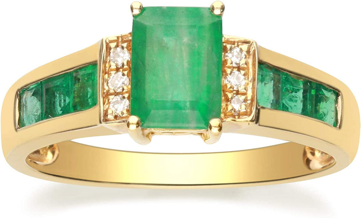10K Yellow Gold Natural Zambian Emerald Ring with Natural Diamonds for Women | E