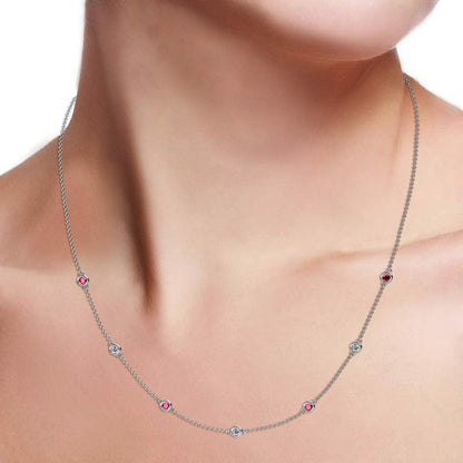 Holiday Offer - 7 Stone Petite Ruby and Lab Grown Diamond Womens Station Necklac