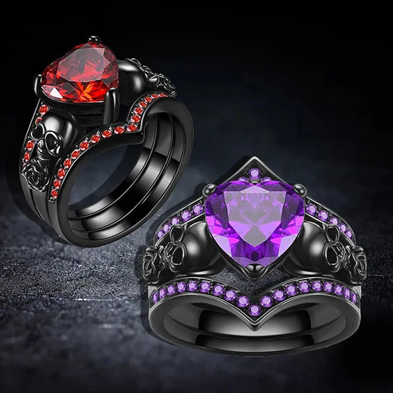 Gothic Black Rose Flower Skull Engagement s Set Red Purple Heart-Shaped Zircon C