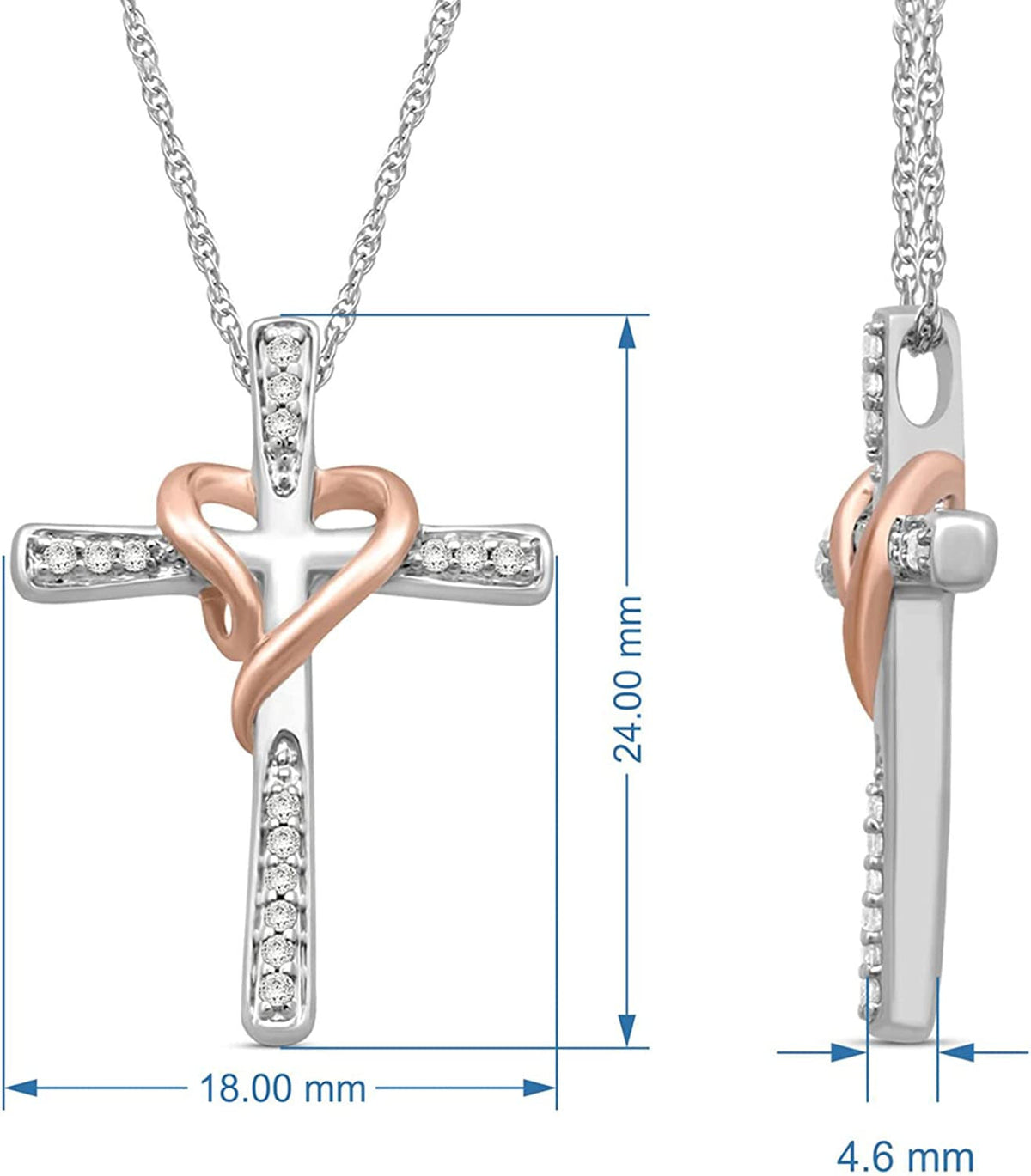 Cross Heart Necklace Pendant in Rose Gold over Sterling Silver with 1/10 CTTW Na