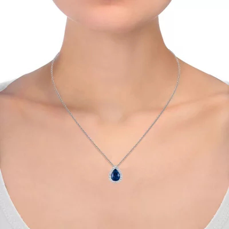 Pear Cut Sapphire and Diamond Pendant in 14K White Gold