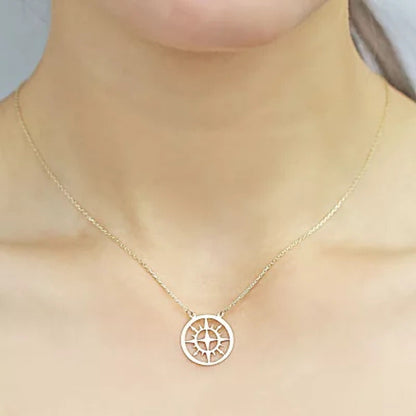 14K Yellow Gold Compass Disk Necklace, 16-18"