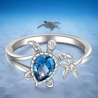 Unique Fashion Turtle Ring Sea Turtle Starfish Rings for Women Blue Stone Cute O