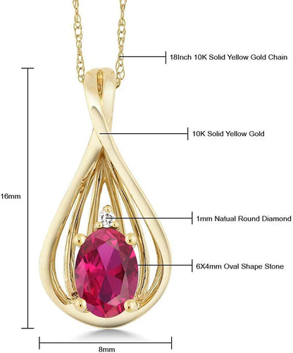 10K Yellow Gold Red Created Ruby and Diamond Teardrop Pendant Necklace for Women