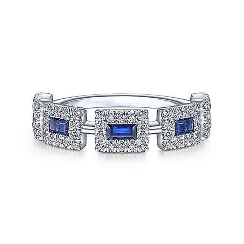 New Fashion 925 Solid Silver Pave Setting Diamond Blue Sapphire Rings for Women