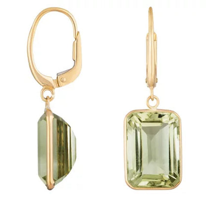 Emerald Cut Prasiolite Dangle Earrings in 14K Yellow Gold