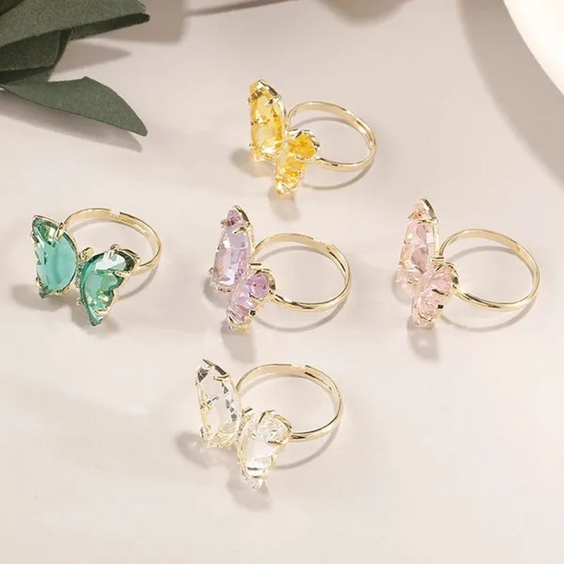 Shiny Accessories Elegant Colorful Transparent Glass Butterfly Ring for Women Si