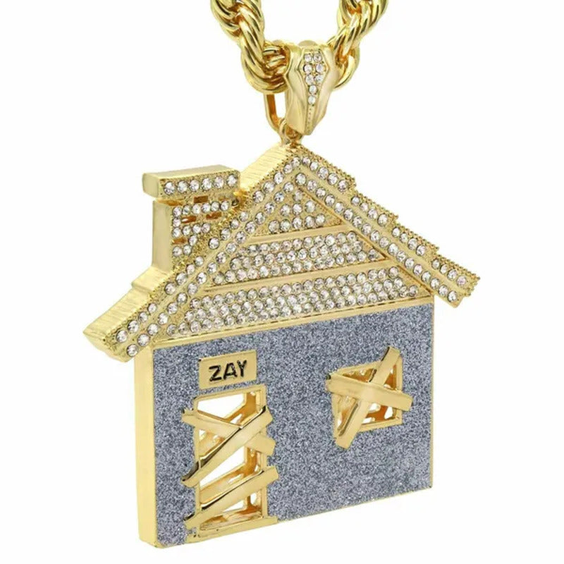 Hip Hop Luxury Diamond Jewelry Mens 14K Gold Plated Huge Trap House Pendant / 10