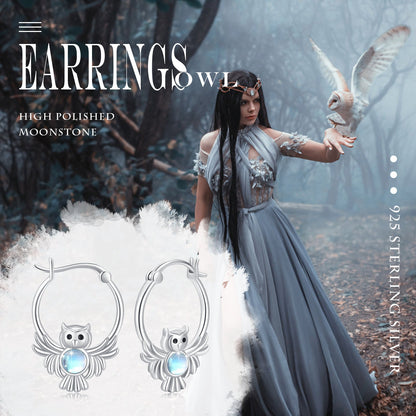 Moonstone Owl Hoop Earrings 925 Sterling Silver Owl Huggie Hoop Earrings Moonsto