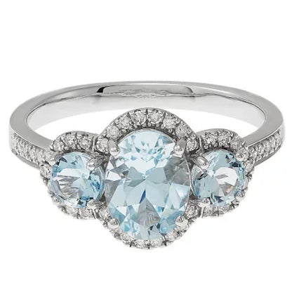 8X6MM Oval Aquamarine Ring with Diamonds in 14K White Gold