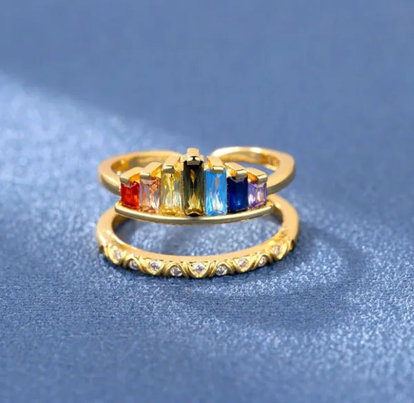 New Micro-Inlaid Zircon Rainbow Crown Ring Female Fashion Opening Adjustable Ind